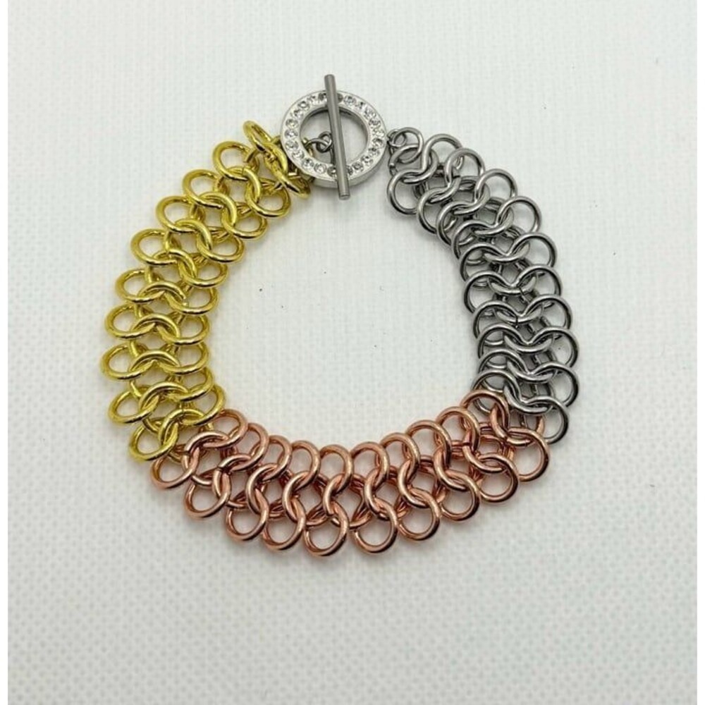 Tri-Color 316L Stainless Steel Chainmaille Toggle Bracelet Rhinestone Accents